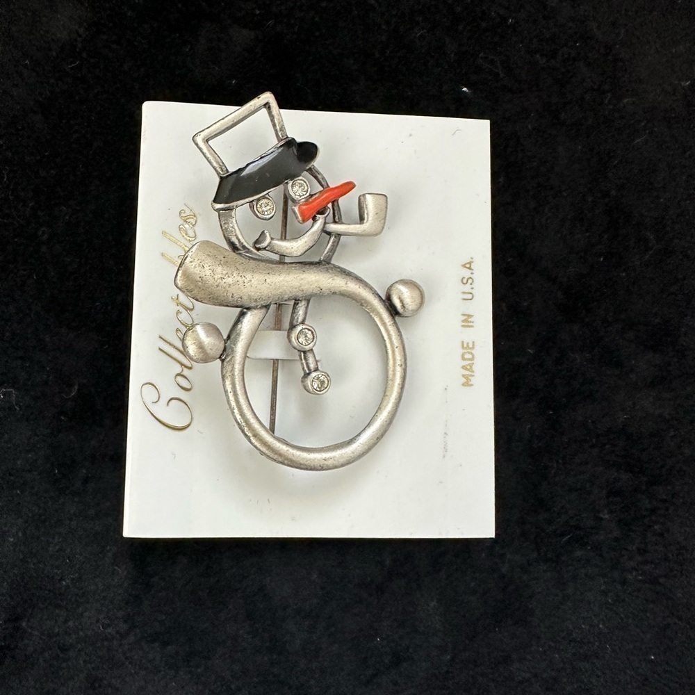 Collectables Snowman Pin. Silver& Black with rhinestone accents. New